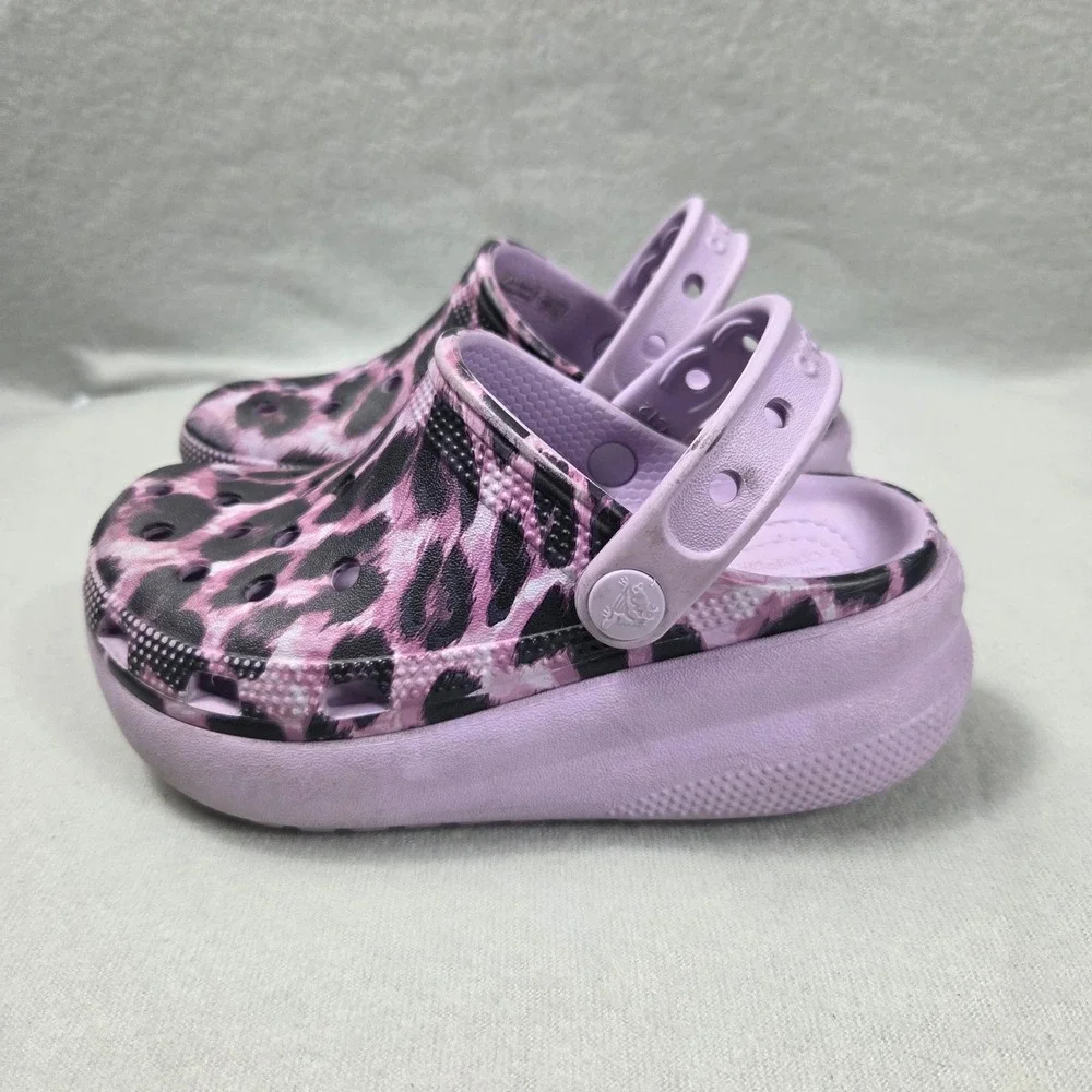 Crocs Kids Classic Cutie Clog Purple Leopard Print Platform Sandals Size C12